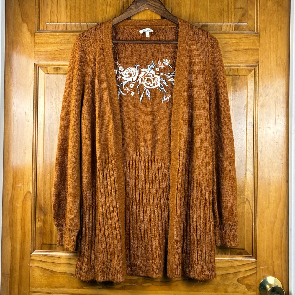 Mudd Brown Embroidered Floral Open Front Cardigan Sweater Size L Boho Rust